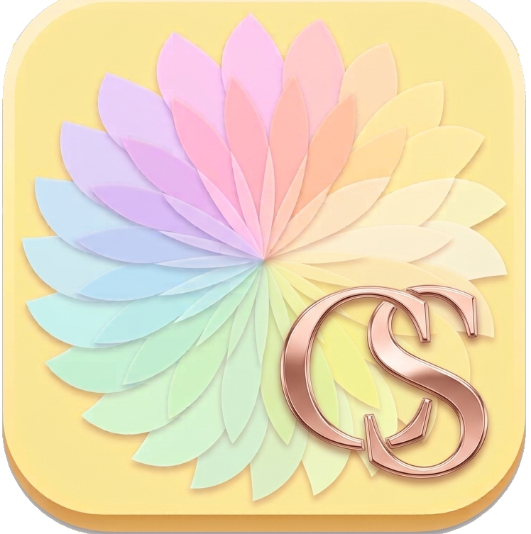 ColorShare app icon — a pastel flower of coloring-tool hues with a rose-gold CS monogram